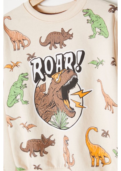 Kahverengi Roar Dinozor Baskılı Erkek Çocuk Eşofman Takımı 16754