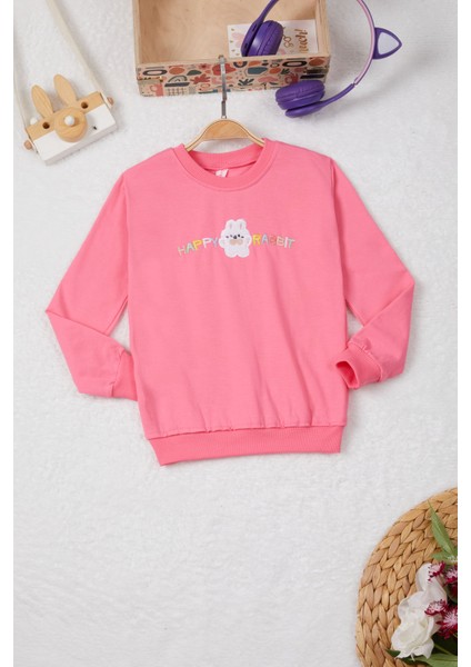 Pembe Tavşan Nakışlı Yazılı Kız Çocuk Sweatshirt 16943