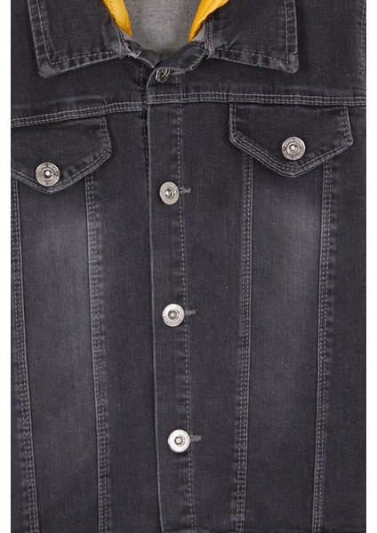 Füme Yazı Nakışlı Kapüşonlu Erkek Çocuk Jean Ceket 16812
