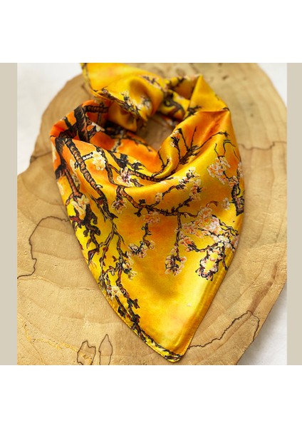 Badem Çiçeği Sarı Desenli Fular 55 Cm*55 Cm