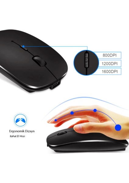 Premium Ultra Slim Mat Black Şarjlı Kablosuz Bluetooth 3.0 1600 Dpi Optical Sessiz Mouse