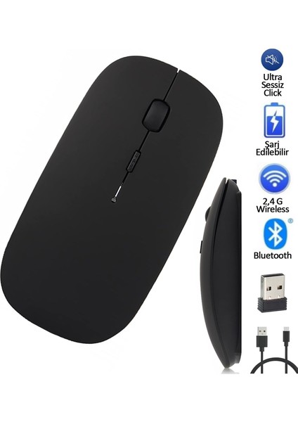 Premium Ultra Slim Mat Black Şarjlı Kablosuz Bluetooth 3.0 1600 Dpi Optical Sessiz Mouse