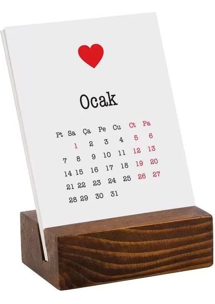 Kalp Tasarımlı Ahşap Tabanlı Masa Takvimi