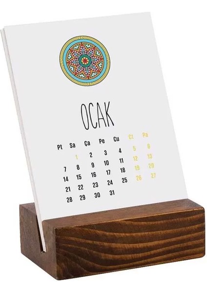 Mandala Renkli Tasarımlı Ahşap Tabanlı Masa Takvimi