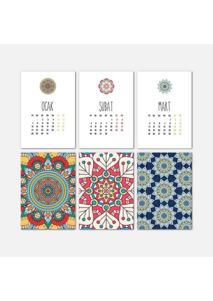 Mandala Renkli Tasarımlı Ahşap Tabanlı Masa Takvimi