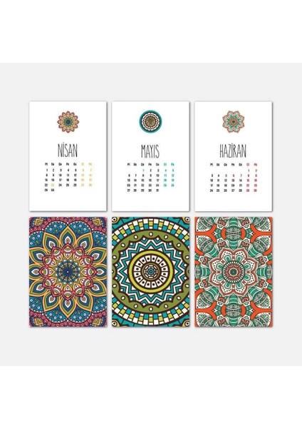 Mandala Renkli Tasarımlı Ahşap Tabanlı Masa Takvimi