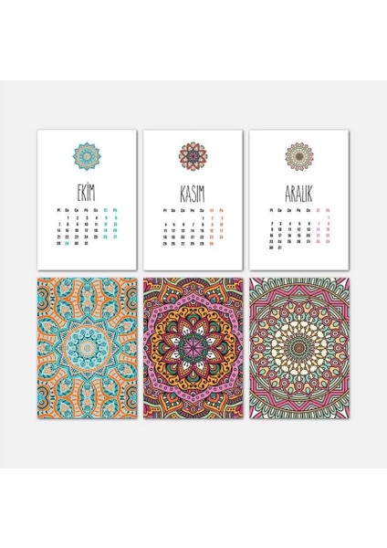 Mandala Renkli Tasarımlı Ahşap Tabanlı Masa Takvimi