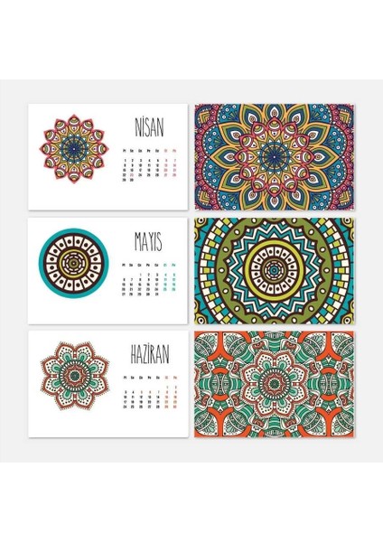 Mandala Renkli Yatay Tasarımlı Ahşap Tabanlı Masa Takvimi
