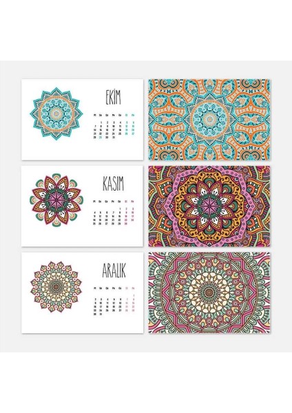 Mandala Renkli Yatay Tasarımlı Ahşap Tabanlı Masa Takvimi