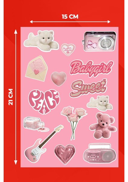 Pink Aesthetic Sticker Seti - Ajanda - Laptop - Telefon Sticker Seti 17 Adet