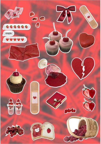 Red Aesthetic Sticker Seti - Ajanda - Laptop - Telefon Sticker Seti 17 Adet