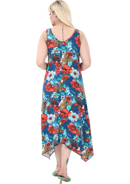 Butik Papağan Desen Büyük Beden Askılı V Yaka Uzun Elbise fırsatları