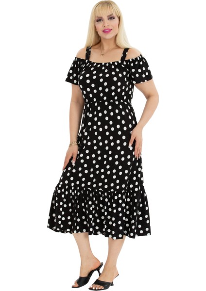 Butik Beyaz Puantiye Desen Madonna Yaka Askılı Midi Elbise
