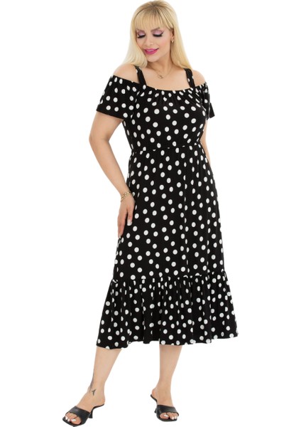 Butik Beyaz Puantiye Desen Madonna Yaka Askılı Midi Elbise modelleri