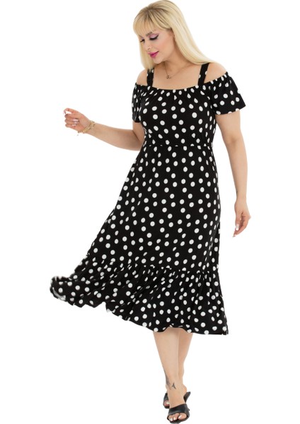 Butik Beyaz Puantiye Desen Madonna Yaka Askılı Midi Elbise fırsatları