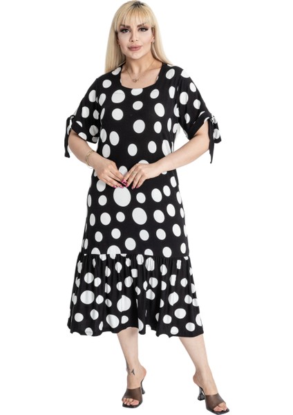 Butik Büyük Puanlı Kolları Bağlamalı Kısa Kollu Kadın Midi Elbise