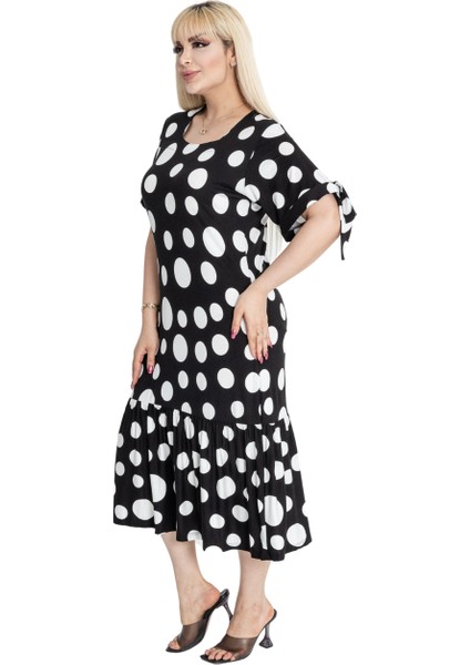 Butik Büyük Puanlı Kolları Bağlamalı Kısa Kollu Kadın Midi Elbise fiyatları