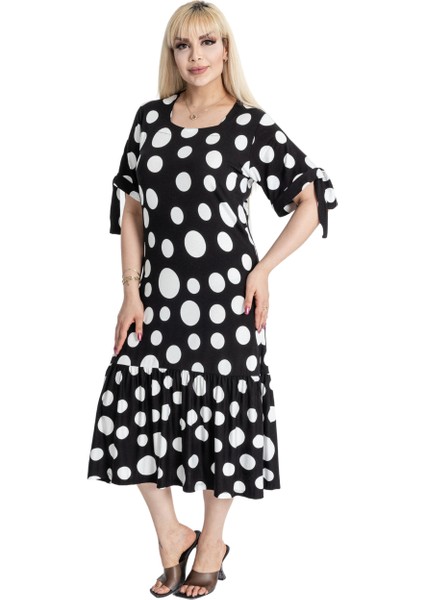 Butik Büyük Puanlı Kolları Bağlamalı Kısa Kollu Kadın Midi Elbise modelleri