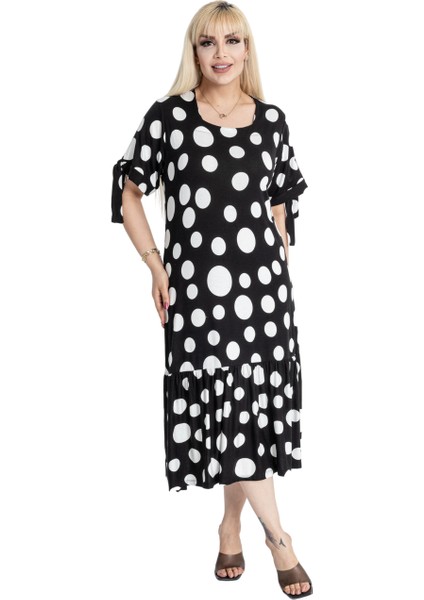 Butik Büyük Puanlı Kolları Bağlamalı Kısa Kollu Kadın Midi Elbise fırsatları