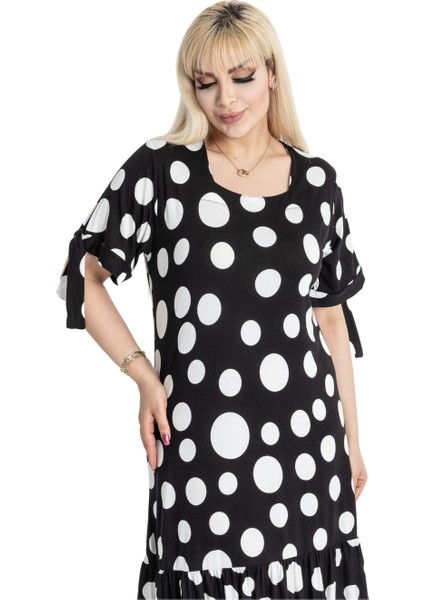 Butik Büyük Puanlı Kolları Bağlamalı Kısa Kollu Kadın Midi Elbise indirimleri