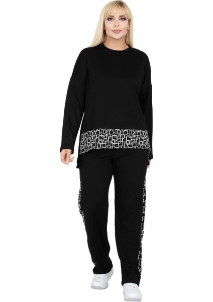 Butik Siyah Kare Şeritli Büyük Beden Kadın Eşofman Takımı