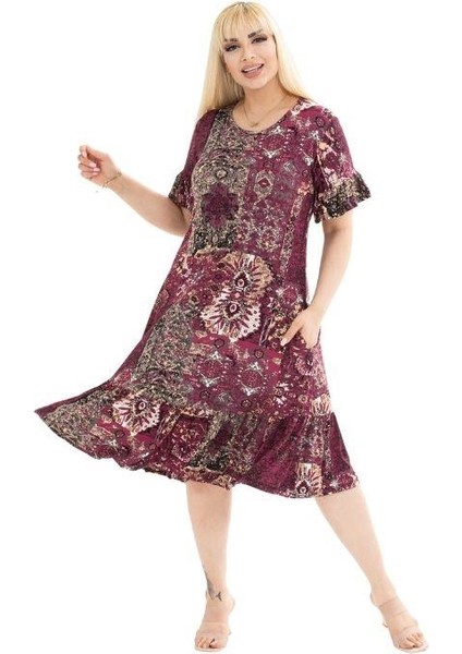 Butik Bordo Etnik Desen Fırfırlı Kısa Kollu Kadın Midi Elbise