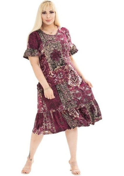 Butik Bordo Etnik Desen Fırfırlı Kısa Kollu Kadın Midi Elbise fiyatları