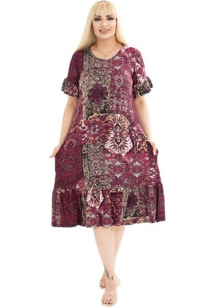 Butik Bordo Etnik Desen Fırfırlı Kısa Kollu Kadın Midi Elbise modelleri