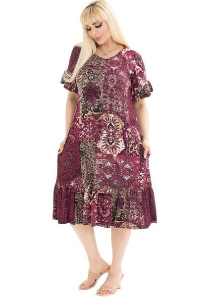 Butik Bordo Etnik Desen Fırfırlı Kısa Kollu Kadın Midi Elbise fırsatları