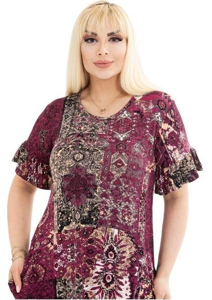 Butik Bordo Etnik Desen Fırfırlı Kısa Kollu Kadın Midi Elbise indirimleri