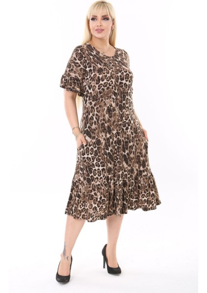 Butik Leopar Desen Fırfırlı Kısa Kollu Kadın Midi Elbise