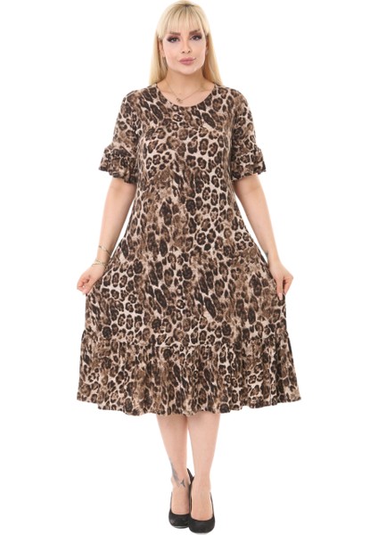 Butik Leopar Desen Fırfırlı Kısa Kollu Kadın Midi Elbise fiyatları