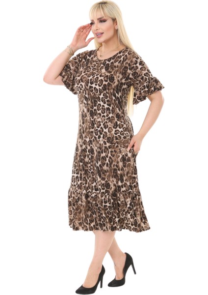 Butik Leopar Desen Fırfırlı Kısa Kollu Kadın Midi Elbise fırsatları