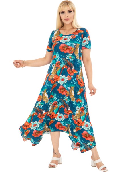 Butik Yeşil Papağan Desen Asimetrik Kısa Kollu Elbise