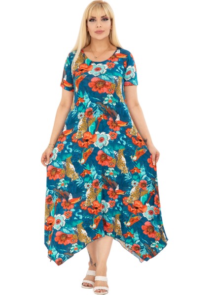 Butik Yeşil Papağan Desen Asimetrik Kısa Kollu Elbise fiyatları