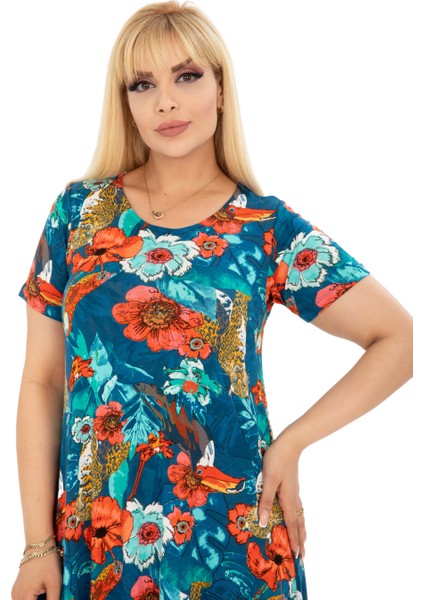 Butik Yeşil Papağan Desen Asimetrik Kısa Kollu Elbise fırsatları