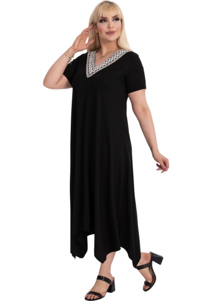 Butik Siyah V Yaka Dantel Detaylı Asimetrik Kısa Kollu Elbise fiyatları