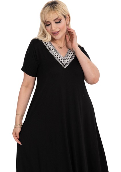 Butik Siyah V Yaka Dantel Detaylı Asimetrik Kısa Kollu Elbise modelleri