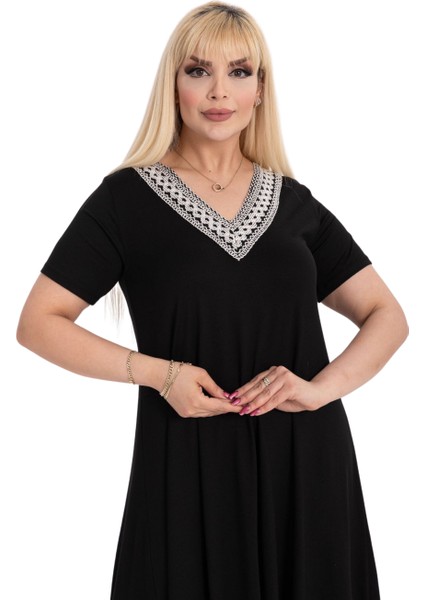 Butik Siyah V Yaka Dantel Detaylı Asimetrik Kısa Kollu Elbise indirimleri
