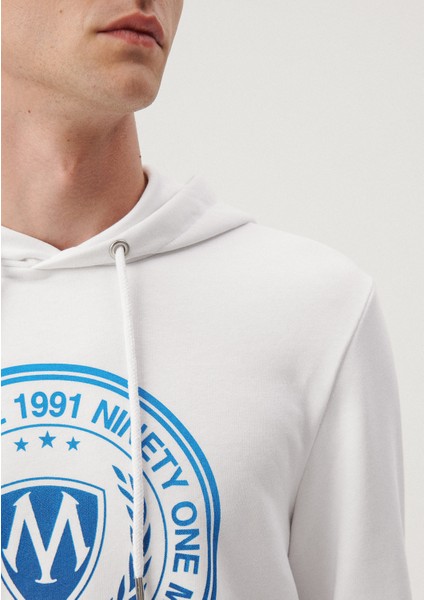 Erkek Mavi Logo Baskılı Kapüşonlu Beyaz Sweatshirt 0611721-620