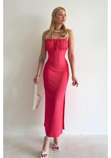 Kadın Ön Büzgü Detaylı Midi Elbise | Yırtmaçlı Şık & Zarif Uzun Elbise