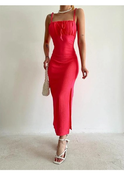 Kadın Ön Büzgü Detaylı Midi Elbise | Yırtmaçlı Şık & Zarif Uzun Elbise fiyatları