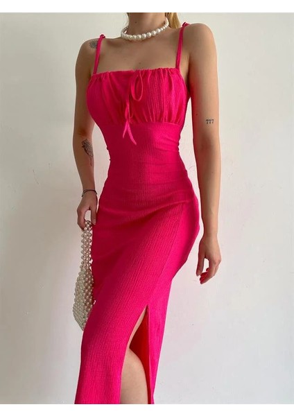 Kadın Ön Büzgü Detaylı Midi Elbise | Yırtmaçlı Şık & Zarif Uzun Elbise modelleri