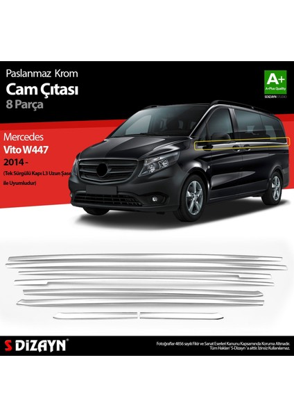 Mercedes Vito W447 Krom Cam Alt Çıtaları 8 Prç. (Tek Sürgülü Kapı-L3 Uzun Şasi) 2014 Üzeri