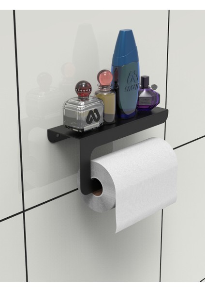 Dekoratif Mat Siyah Metal Bahartatlık Raflı Havlu Peçetelik & Havlu Tutucu & Kağıt Havluluk