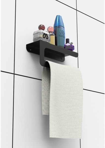 Dekoratif Mat Siyah Metal Bahartatlık Raflı Havlu Peçetelik & Havlu Tutucu & Kağıt Havluluk