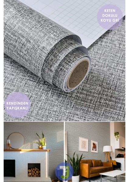 Kendinden Yapışkanlı Keten Koyu Gri Mutfak Banyo Tezgah Duvar Dolap Masa Kaplama 60X500CM
