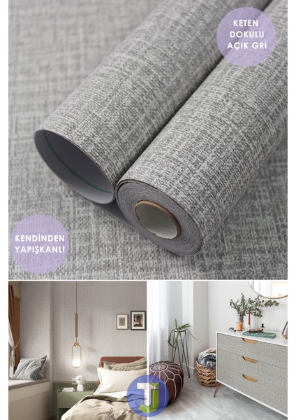 Kendinden Yapışkanlı Keten Açık Gri Mutfak Banyo Tezgah Duvar Dolap Masa Kaplama 60X300CM