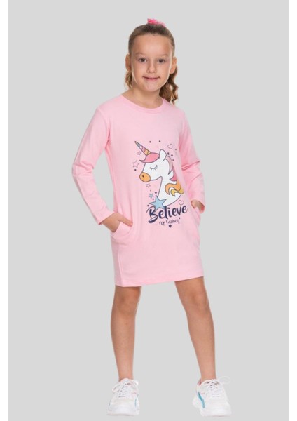 3-8 Yaş Kız Çocuk Unicorn Sweat Elbise Pembe