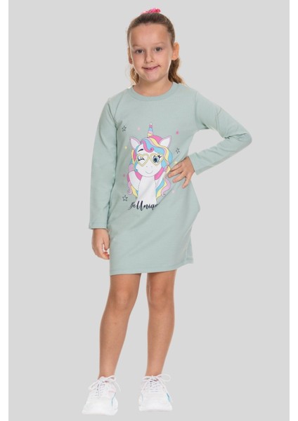 3-8 Yaş Kız Çocuk Unicorn Sweat Elbise Mint